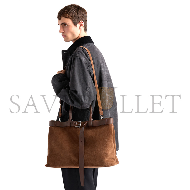 Pra*a buckle embellished suede leather handbag 2vg126 (48*34*18cm)